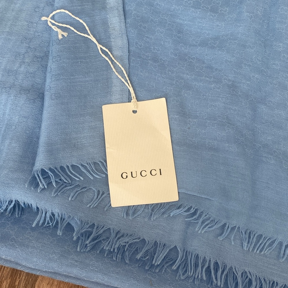 Gucci Light Blue Fringe Logo Scarf Wrap